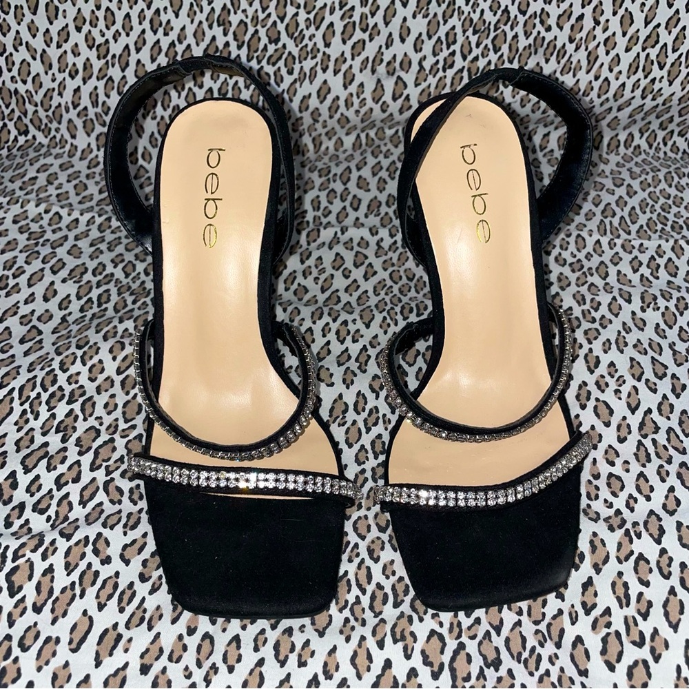 Bebe Black High Heel Suede Sandal Open Toe Bejeweled Rhinestone Bling Strap NWOT